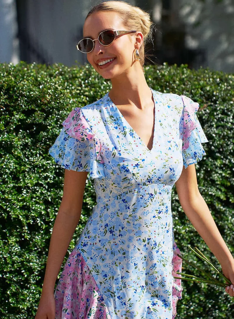 Needs No Label Blue Ditsy Floral Ruffle Midi Dress