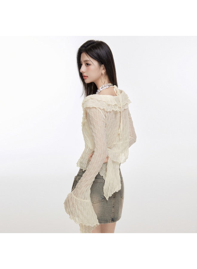 EPTISON بلوزة رفيعة بأكمام طويلة للنساء - جاكار صيفي مزخرف مع حافة مزخرفة وتصميم سترة مربوطة - Image 5