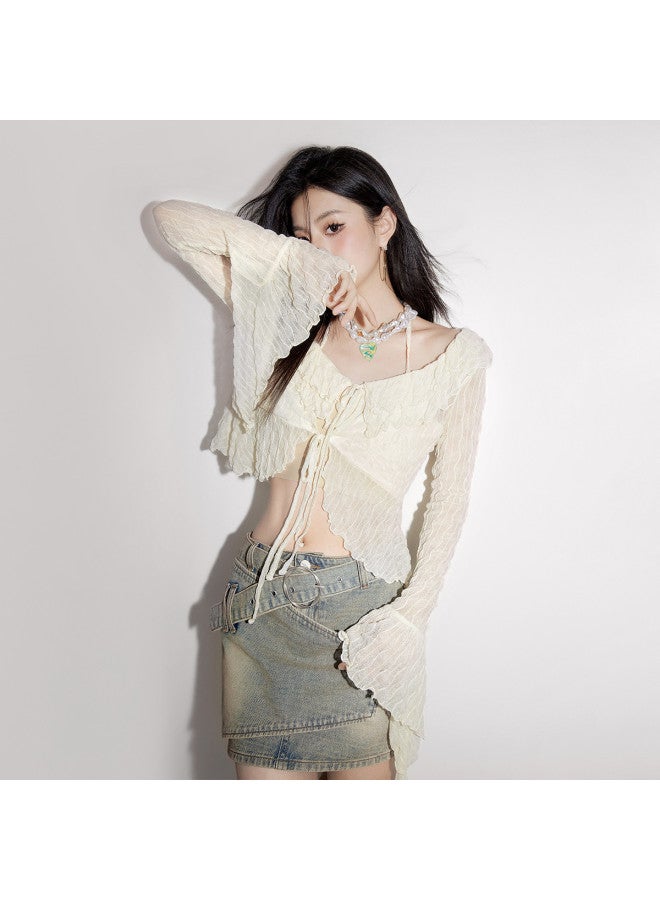 EPTISON بلوزة رفيعة بأكمام طويلة للنساء - جاكار صيفي مزخرف مع حافة مزخرفة وتصميم سترة مربوطة - Image 2