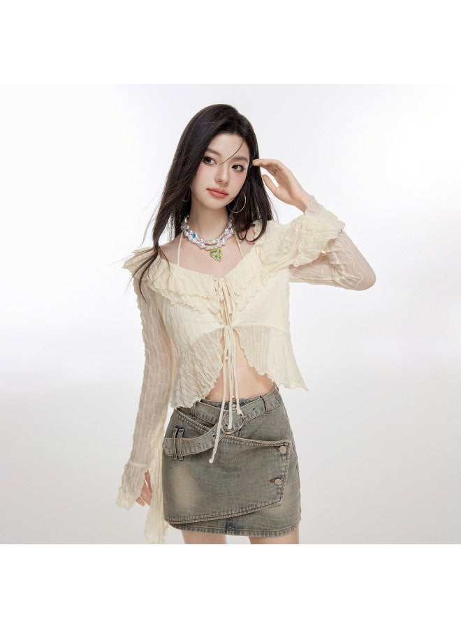 EPTISON بلوزة رفيعة بأكمام طويلة للنساء - جاكار صيفي مزخرف مع حافة مزخرفة وتصميم سترة مربوطة - Image 3