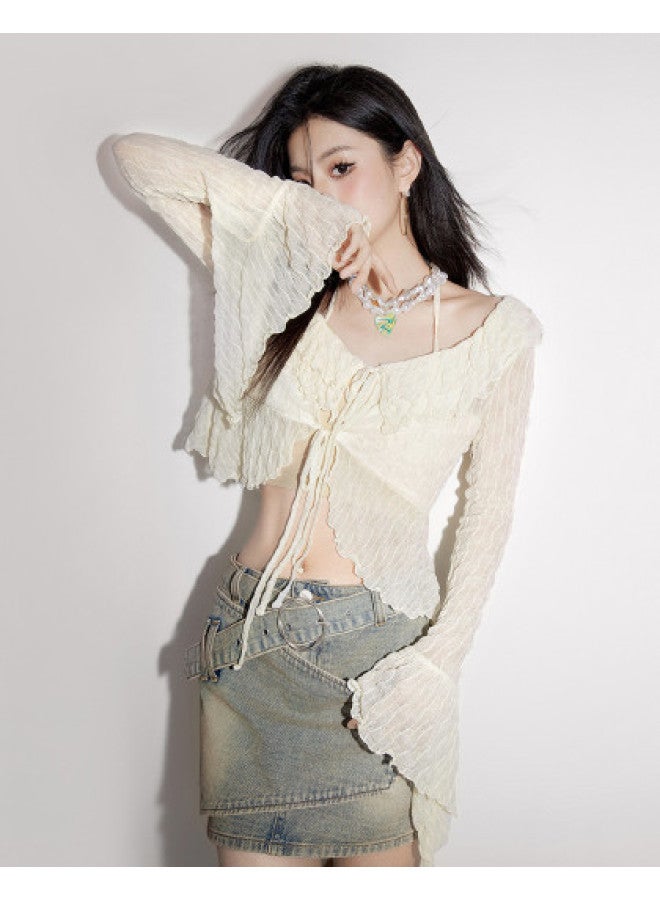 EPTISON بلوزة رفيعة بأكمام طويلة للنساء - جاكار صيفي مزخرف مع حافة مزخرفة وتصميم سترة مربوطة - Image 1