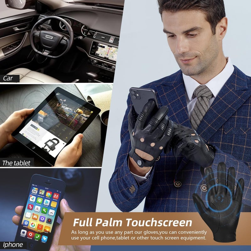 GSG SINCE 1998 Men's Genuine Leather Driving Gloves - Unlined Touchscreen Thin Sheepskin - Black - Image 3