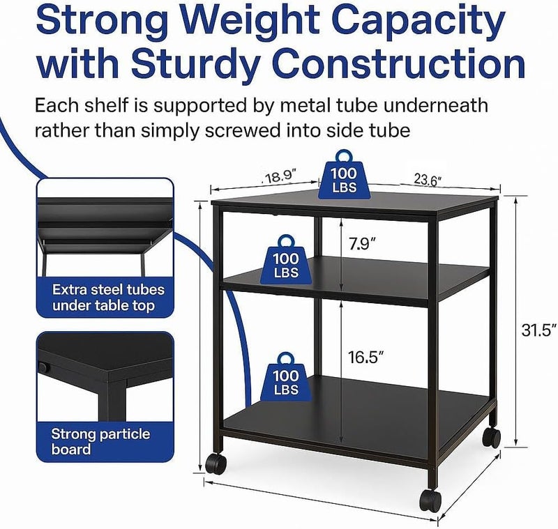 EMERIT Heavy Duty 3-Tier Printer Stand with Locking Wheels, 23.6"x18.9" *31.5" Large Printer Table Shelf, Holds 100 lbs per Shelf - Fits Most 60" Desks, Perfect for Office, Home, Laser Printer or Mini Fridge - Image 2