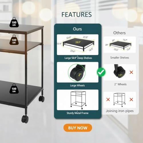 EMERIT Heavy Duty 3-Tier Printer Stand with Locking Wheels, 23.6"x18.9" *31.5" Large Printer Table Shelf, Holds 100 lbs per Shelf - Fits Most 60" Desks, Perfect for Office, Home, Laser Printer or Mini Fridge - Image 4