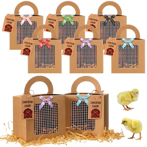 ForraFun 12 Pcs Chicken Birthday Party Favor Boxes Farmhouse Animal Foldable Chicken Box with Raffia Grass Farm Gift Treat Boxes Bowknot Paper Straw Chick Coop Goodie Box for Adopt a Chick Birthday - Image 1