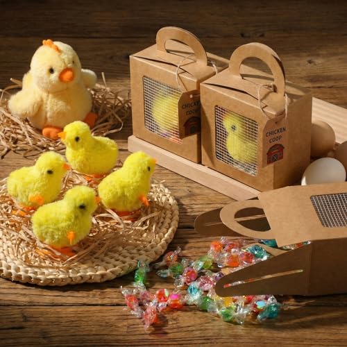 ForraFun 12 Pcs Chicken Birthday Party Favor Boxes Farmhouse Animal Foldable Chicken Box with Raffia Grass Farm Gift Treat Boxes Bowknot Paper Straw Chick Coop Goodie Box for Adopt a Chick Birthday - Image 2