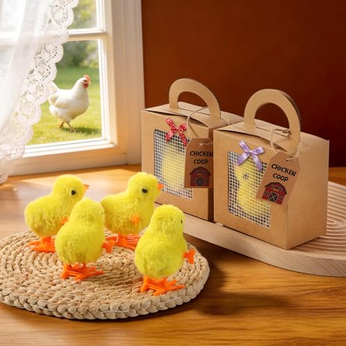 ForraFun 12 Pcs Chicken Birthday Party Favor Boxes Farmhouse Animal Foldable Chicken Box with Raffia Grass Farm Gift Treat Boxes Bowknot Paper Straw Chick Coop Goodie Box for Adopt a Chick Birthday - Image 3