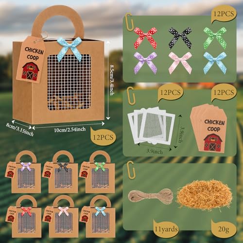 ForraFun 12 Pcs Chicken Birthday Party Favor Boxes Farmhouse Animal Foldable Chicken Box with Raffia Grass Farm Gift Treat Boxes Bowknot Paper Straw Chick Coop Goodie Box for Adopt a Chick Birthday - Image 5