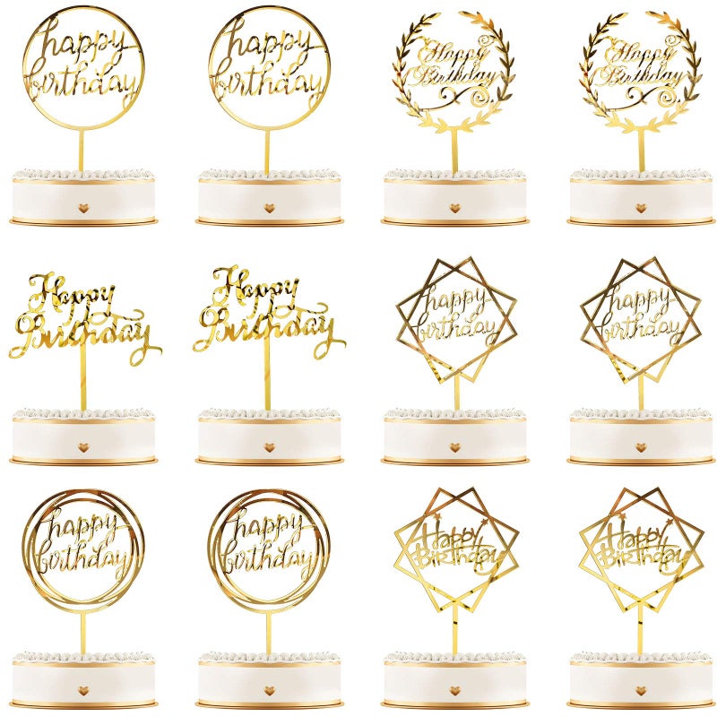 Queekay 12 Pcs Acrylic Happy Birthday Cake Topper Glitter Birthday Cupcake Topper Pick Decorations for Party Cake Desserts Pastries, 6 Styles(Gold)