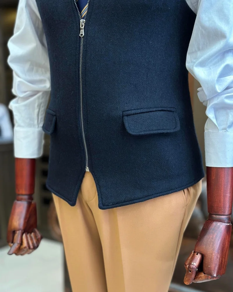 ترزي ادم التون Terziademaltun Italian Style Judge Collar Zippered Pocket Vest Navy Blue T10466