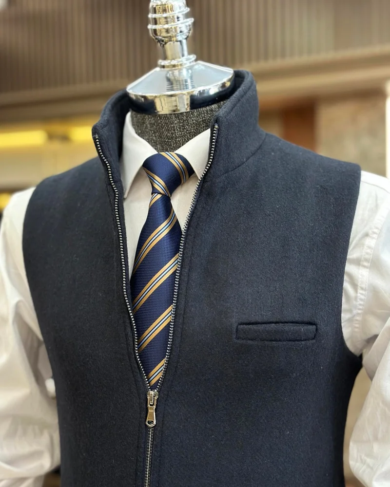 ترزي ادم التون Terziademaltun Italian Style Judge Collar Zippered Pocket Vest Navy Blue T10466