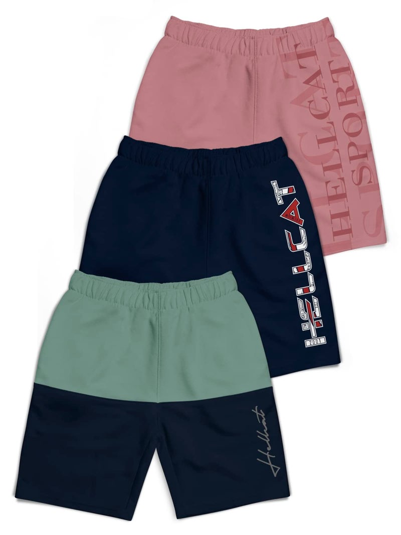 HELLCAT Pack of 3 Trendy Typographic Printed Mid Rise Shorts for Boys - Sea Green/Navy Blue/Pink_3-4 Years - Image 1