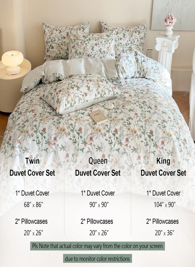 EAVD Garden Style Pink Floral Duvet Cover King White Soft 100% Cotton Chic Shabby Coquette Floral Bedding Set with 2 Pillowcases Fresh Botanical Duvet Cover with Zipper Closure - Image 5