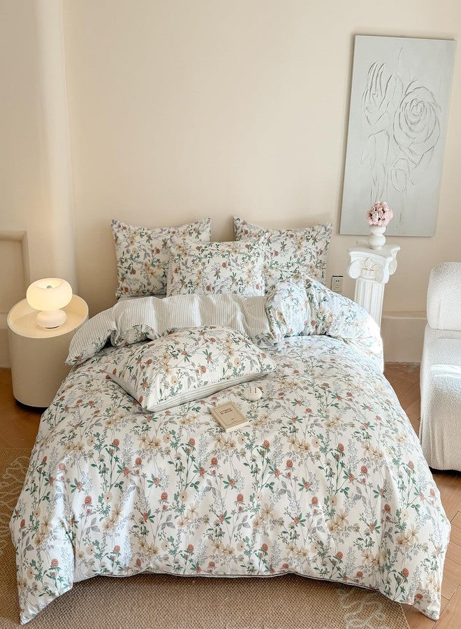 EAVD Garden Style Pink Floral Duvet Cover King White Soft 100% Cotton Chic Shabby Coquette Floral Bedding Set with 2 Pillowcases Fresh Botanical Duvet Cover with Zipper Closure - Image 1