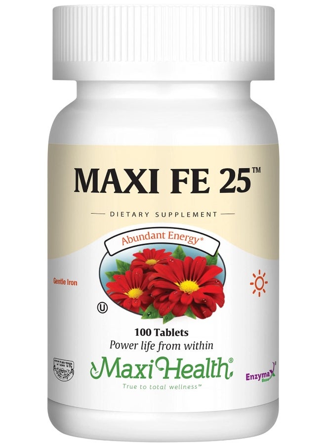 Maxi Health Iron Supplement for Women & Men - Gentle Iron 25 mg for The Stomach - Non Constipating* Pills - Kosher - Non GMO - Vegetarian (100 Tablets)  - Image 1