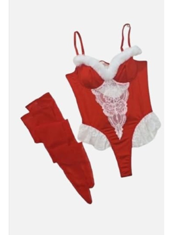 هنادى سالوبيت احمر مع دانتيل ابيض وخامة زبدة – شامل الشراب – ساوان حتى 80 كيلو – HN 9012 - Image 2