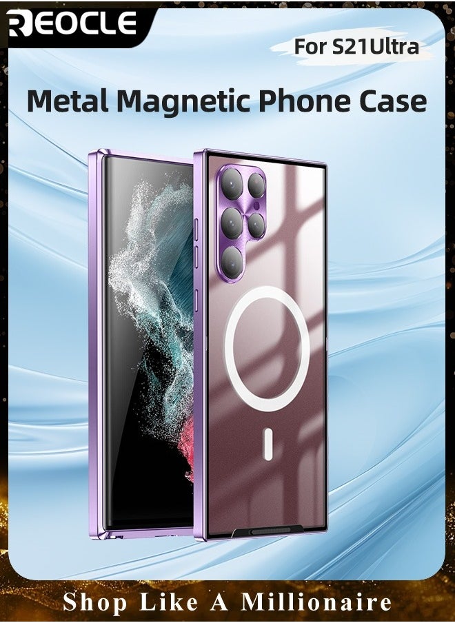 Samsung S21Ultra Mobile Phone Case Drop-Resistant Metal Shell Frosted Semi-Transparent Mobile Phone Case Full Protection Plating Anti-Scratch Slim Thin Case Cover with Magnetic Suction Function and Camera Lens Protector