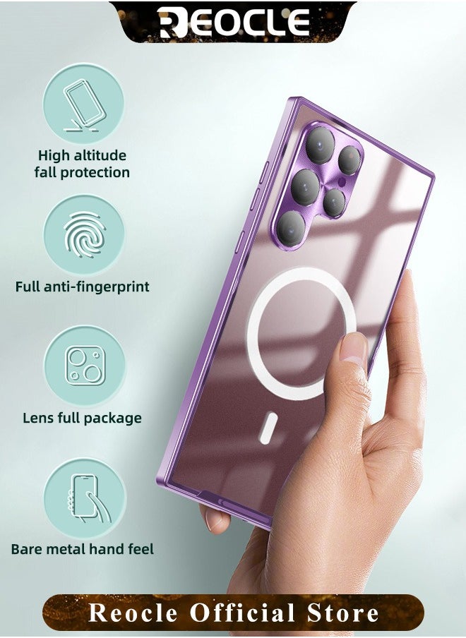 Samsung S21Ultra Mobile Phone Case Drop-Resistant Metal Shell Frosted Semi-Transparent Mobile Phone Case Full Protection Plating Anti-Scratch Slim Thin Case Cover with Magnetic Suction Function and Camera Lens Protector