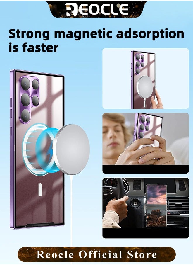 Samsung S21Ultra Mobile Phone Case Drop-Resistant Metal Shell Frosted Semi-Transparent Mobile Phone Case Full Protection Plating Anti-Scratch Slim Thin Case Cover with Magnetic Suction Function and Camera Lens Protector