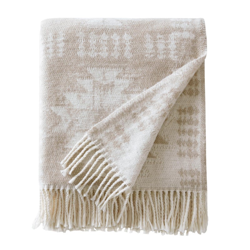 Woolrich John Rich & Bros. Woolrich Cotton Blend Jacquard Throw with Fringe Edge, Lightweight All-Season Decorative Throw Blanket, Machine Washable, Oeko-TEX Certified, Neutral Aztec, 50"x60" - Image 1