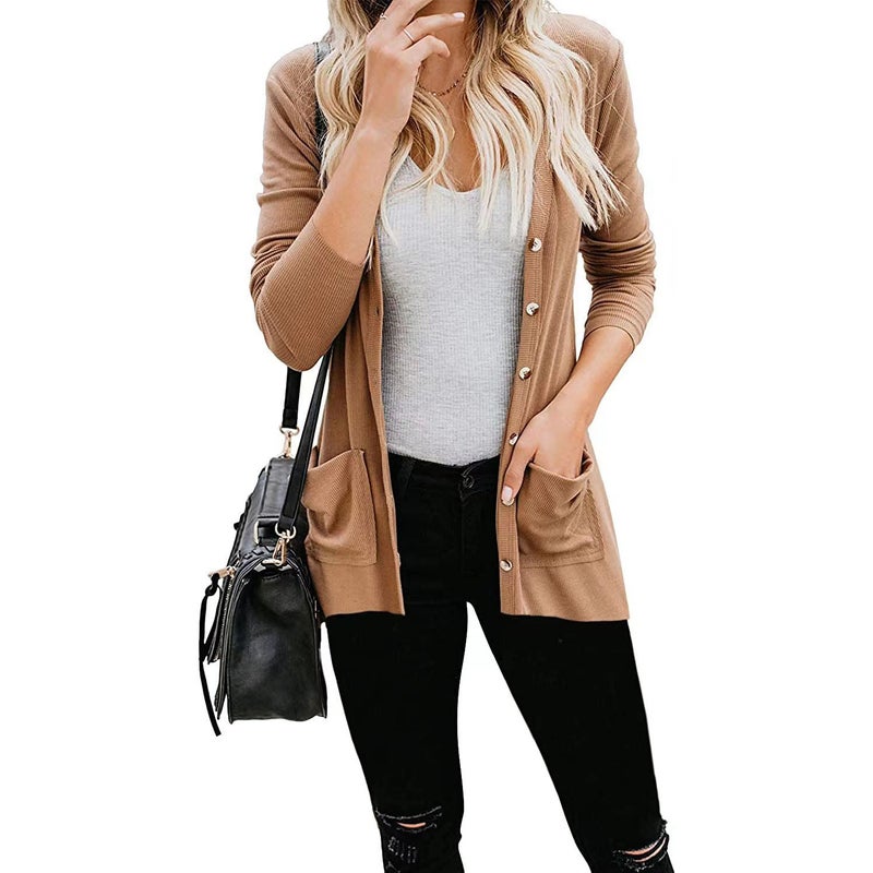 2024 Fall Winter Ribbed Knit Cardigan Women Khaki  - Image 1