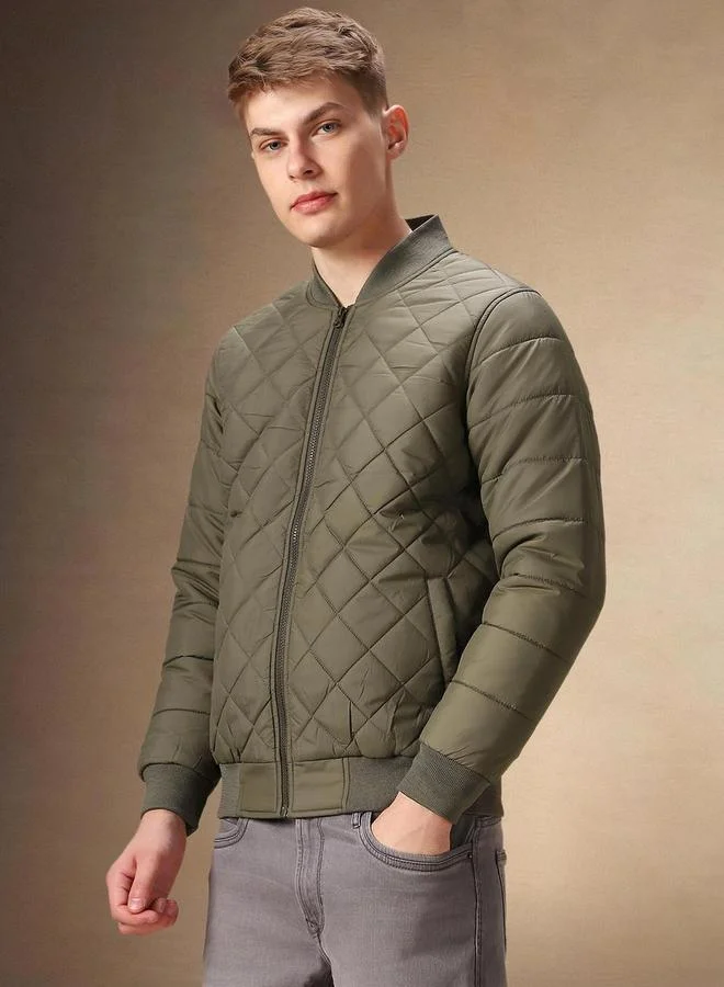 Dennis Lingo Men Olive Quilted Zip-Up Bomber Jacket