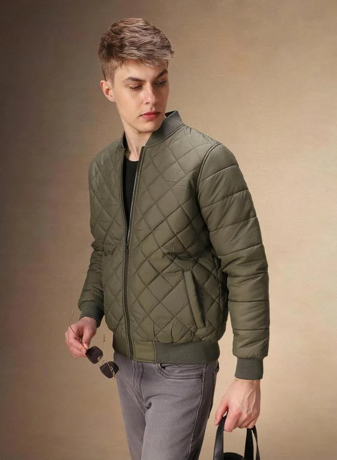 Dennis Lingo Men Olive Quilted Zip-Up Bomber Jacket