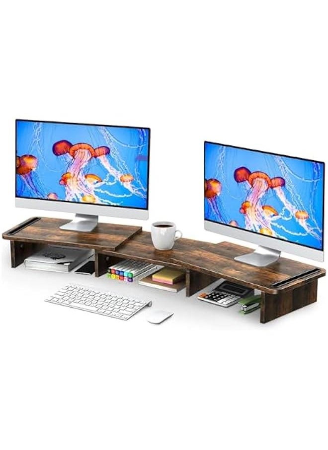 HOOKOR Dual Monitor Stand, Monitor Stands Riser for 2 Monitors,with Adjustable Length and Angle Shelf with Storage Organizer for Office Desk Accessories (Rust Brown)  - Image 1