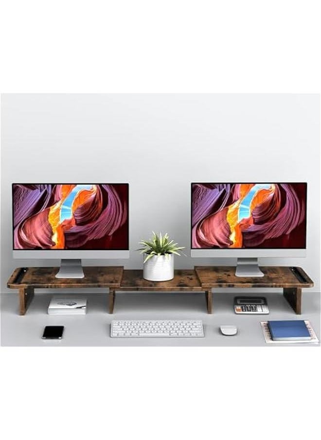 HOOKOR Dual Monitor Stand, Monitor Stands Riser for 2 Monitors,with Adjustable Length and Angle Shelf with Storage Organizer for Office Desk Accessories (Rust Brown)  - Image 3