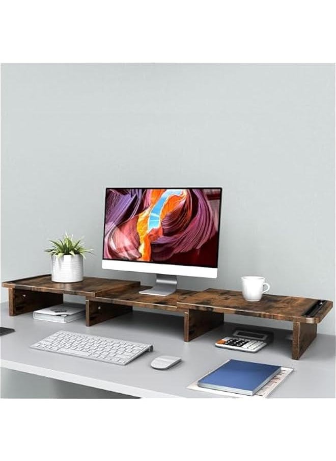 HOOKOR Dual Monitor Stand, Monitor Stands Riser for 2 Monitors,with Adjustable Length and Angle Shelf with Storage Organizer for Office Desk Accessories (Rust Brown)  - Image 4