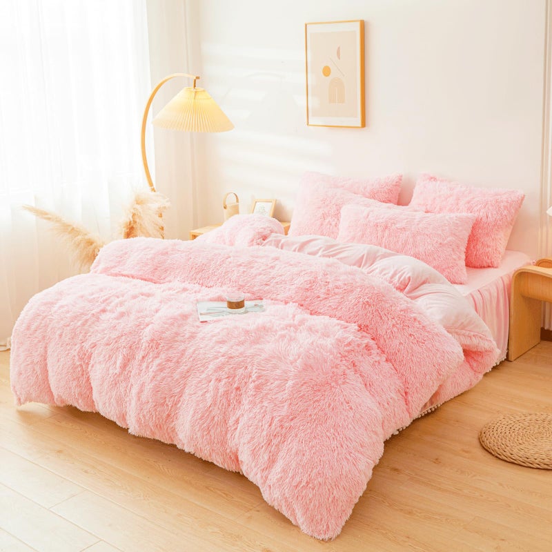 ERLOXO Fluffy Pink Faux Fur Comforter Cover Setï¼ŒFuzzy Plush Bedding 3Pcs (1 Faux Fur Duvet Cover +2 Fuzzy Pillowcases) Fluffy Bed Set (Pink, Queen) - Image 2