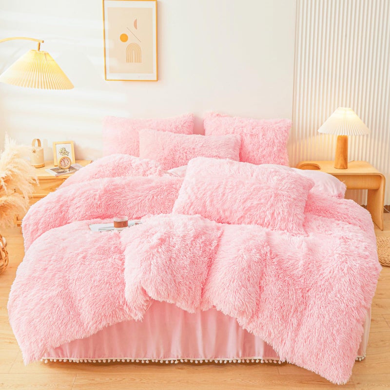 ERLOXO Fluffy Pink Faux Fur Comforter Cover Setï¼ŒFuzzy Plush Bedding 3Pcs (1 Faux Fur Duvet Cover +2 Fuzzy Pillowcases) Fluffy Bed Set (Pink, Queen) - Image 1