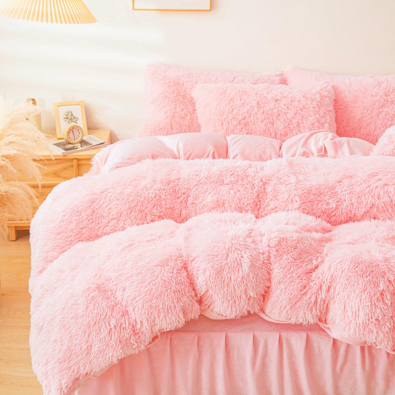 ERLOXO Fluffy Pink Faux Fur Comforter Cover Setï¼ŒFuzzy Plush Bedding 3Pcs (1 Faux Fur Duvet Cover +2 Fuzzy Pillowcases) Fluffy Bed Set (Pink, Queen) - Image 5
