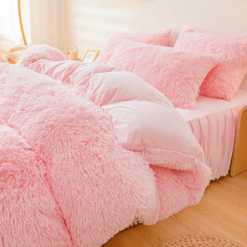 ERLOXO Fluffy Pink Faux Fur Comforter Cover Setï¼ŒFuzzy Plush Bedding 3Pcs (1 Faux Fur Duvet Cover +2 Fuzzy Pillowcases) Fluffy Bed Set (Pink, Queen) - Image 4