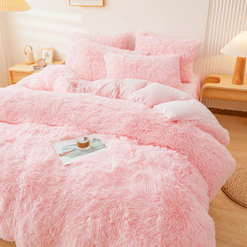 ERLOXO Fluffy Pink Faux Fur Comforter Cover Setï¼ŒFuzzy Plush Bedding 3Pcs (1 Faux Fur Duvet Cover +2 Fuzzy Pillowcases) Fluffy Bed Set (Pink, Queen) - Image 3