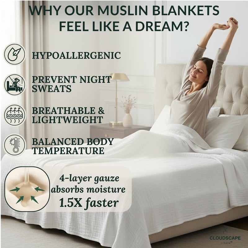 CloudScape Linen CLOUDSCAPE 100% Cotton 4 Layer Muslin Blanket Queen Size, Oversized, 92x92 Fits Upto Full Size Bed, Soft Breathable, Gauze Lightweight Layering, Summer Blanket for Adults, Spring Gift Idea- White - Image 4