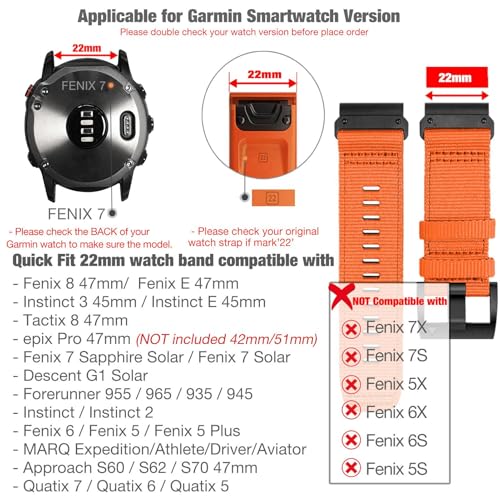 Abanen Upgraded Quick Fit 22mm Nylon Watch Bands for Garmin Fenix 8 47mm / Fenix 7 / epix Pro 47mm, Adjustable Webbing Sports Strap with Stainless Steel Clasp for Instinct 3 45mm, Fenix 6/5 (Orange) - Image 3