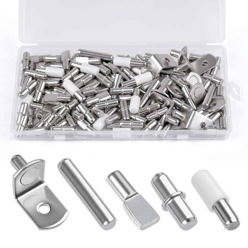 Okxiri 124 Pcs Shelf Pegs Kit, 5 Styles Nickel Shelf pins for Cabinet Shelves, Plated Shelf Support Pegs, Shelf Holders pegs for Kitchen Bookshelf Closet Furniture (5mm, 1/4inch) - Image 1