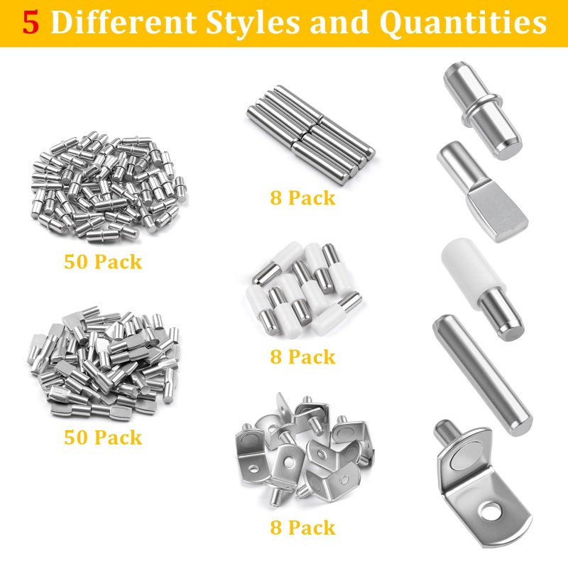 Okxiri 124 Pcs Shelf Pegs Kit, 5 Styles Nickel Shelf pins for Cabinet Shelves, Plated Shelf Support Pegs, Shelf Holders pegs for Kitchen Bookshelf Closet Furniture (5mm, 1/4inch) - Image 2