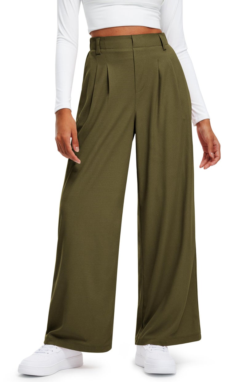 Libin Women's Wide Leg Pants 29" High Waisted Waffle Knit Casual Slacks Work Dress Pants Business Palazzo Trousers with Pockets, Army Green, L-New - Image 1