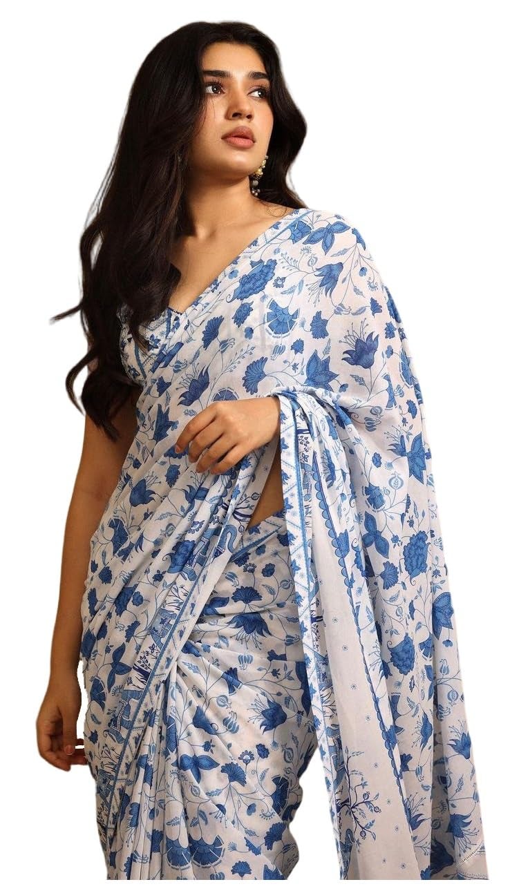 Sidhidata Women's Floral Printed Georgette Saree with Unstitched Blouse Piece - White - Image 1