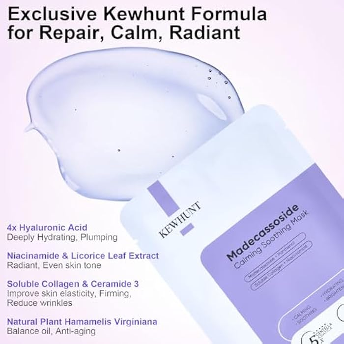 Kewhunt Madecassoside Sheet Mask Blemish Repair, Face Mask korean Skin Care for Sensitive Skin - Hyaluronic Acid, Collagen, Niacinamide, Panthenol, Centella Facial Masks for Sooth, Hydration, Firming 10ea - Image 2