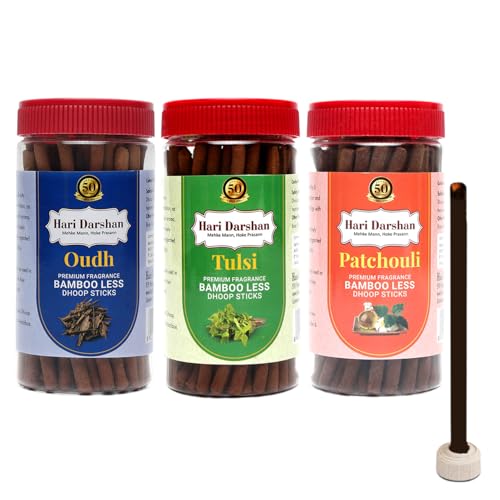 Hari Darshan Combo Dhoop Sticks | Tulsi Oudh Patchouli | Organic Bamboo Less Dhoop Batti with Stick Holder | Natural Long-Lasting Fragrance for Pooja Meditation Home Aromatherapy | Pack of 3-125g Each - Image 1