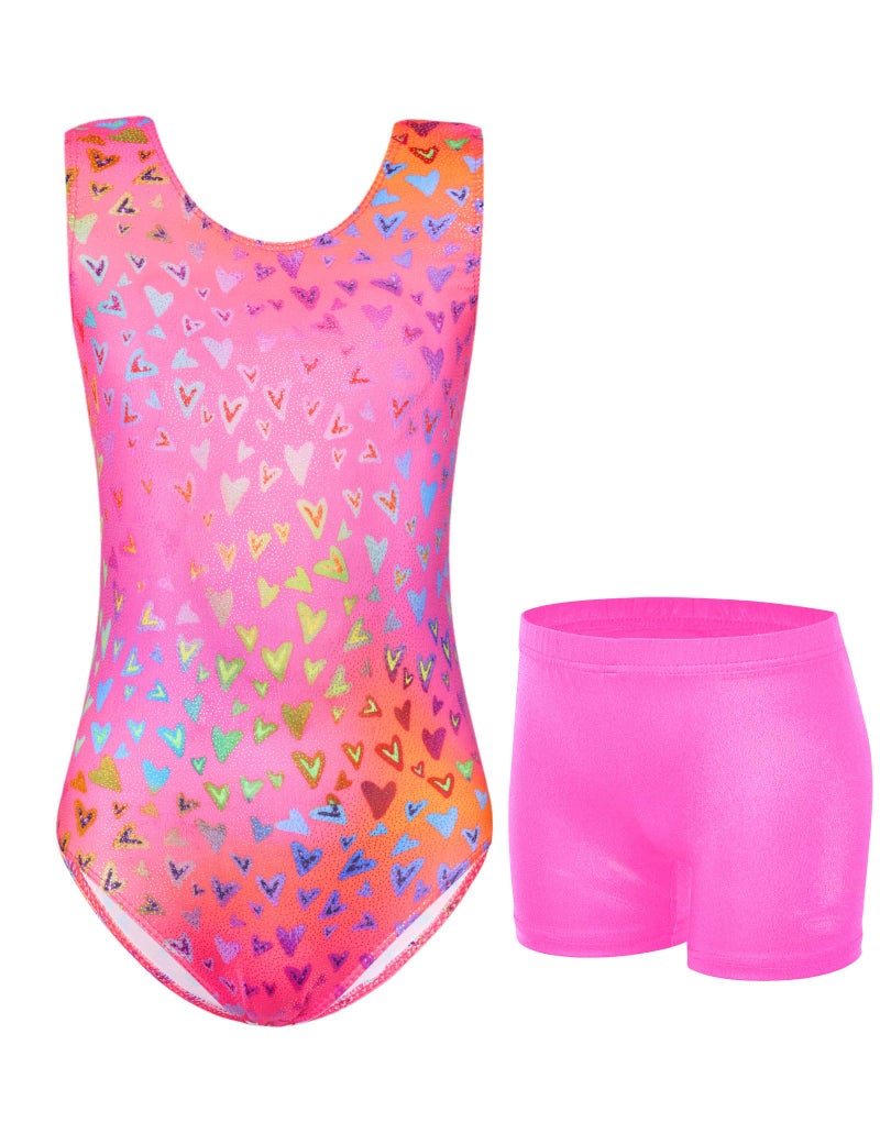 Jinhiteam Girls Leotards for Gymnastics Size 7-8 Years Old Sleeveless Tank Sparkly Pink Heart Gym Leos with Shorts - Image 1
