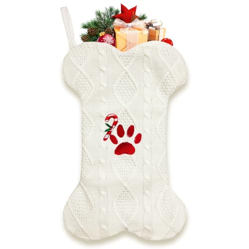 MOJDIOSM Dog Christmas Stocking 18 Knit White Stockings with PawPrint Embroidery for Dogs and Cats Large BoneShaped Stockings for Pet Christmas Decor - Image 1