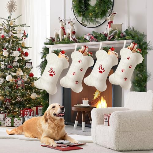 MOJDIOSM Dog Christmas Stocking 18 Knit White Stockings with PawPrint Embroidery for Dogs and Cats Large BoneShaped Stockings for Pet Christmas Decor - Image 3