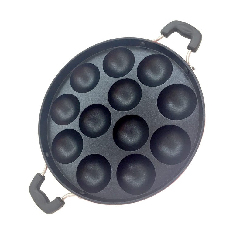 DBY Appam Pan Non Stick Appam Patra 12 Pits Appam Maker Aebleskiver Paniyaram Stuffed Pancakes Poffertjes Pastry Takoyaki Octopus Balls Appachetty with 2 Side Handle And Stainless Steel Lid - Image 1