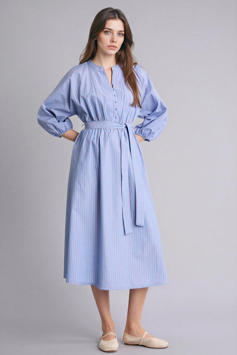 DeFacto Blue Woman 100% Cotton Poplin Striped Midi Dress Casual - Image 5