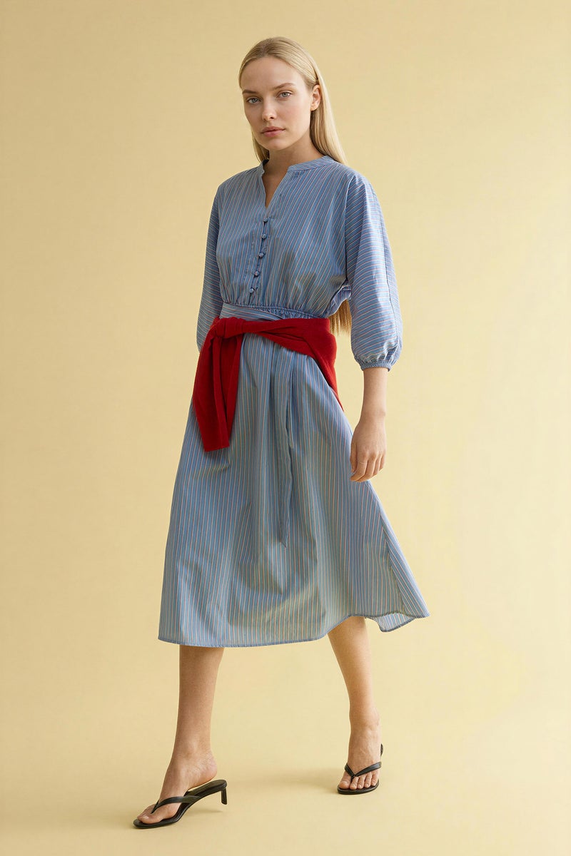 DeFacto Blue Woman 100% Cotton Poplin Striped Midi Dress Casual - Image 2
