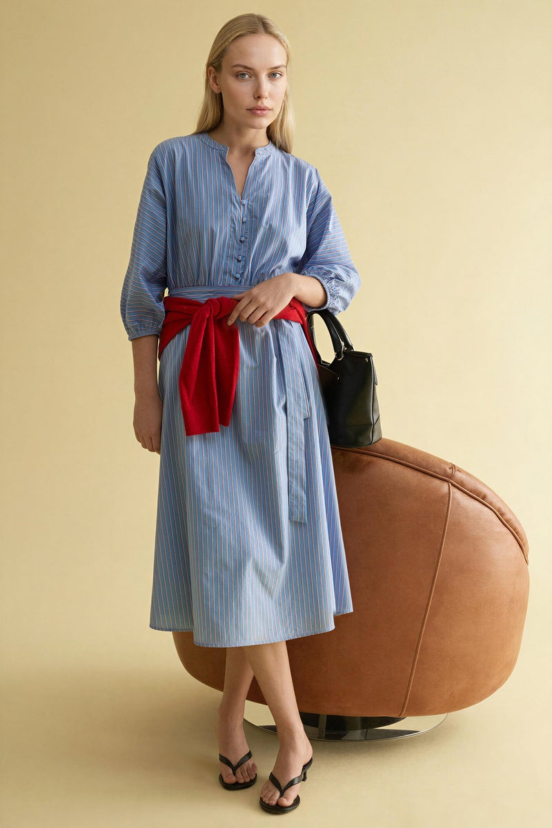 DeFacto Blue Woman 100% Cotton Poplin Striped Midi Dress Casual - Image 1